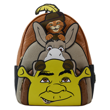 Load image into Gallery viewer, Dreamworks Mini Backpack Shrek, Donkey, and Puss in Boots Triple Pocket Loungefly
