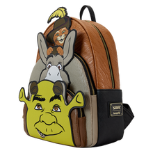 Load image into Gallery viewer, Dreamworks Mini Backpack Shrek, Donkey, and Puss in Boots Triple Pocket Loungefly
